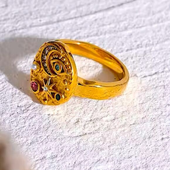 Gold Zircon Evil Eye Star Moon Ring Stainless Steel Gold Plated Bojo - Picture 5 of 6